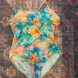 Athleta Lumen Floral One-Piece Swimsuit in Aqua, Orange & Pink